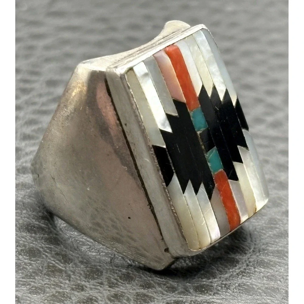 Huge Chunky Southwestern Sterling Silver Inlay Ring Turquoise Coral Black Onyx 9